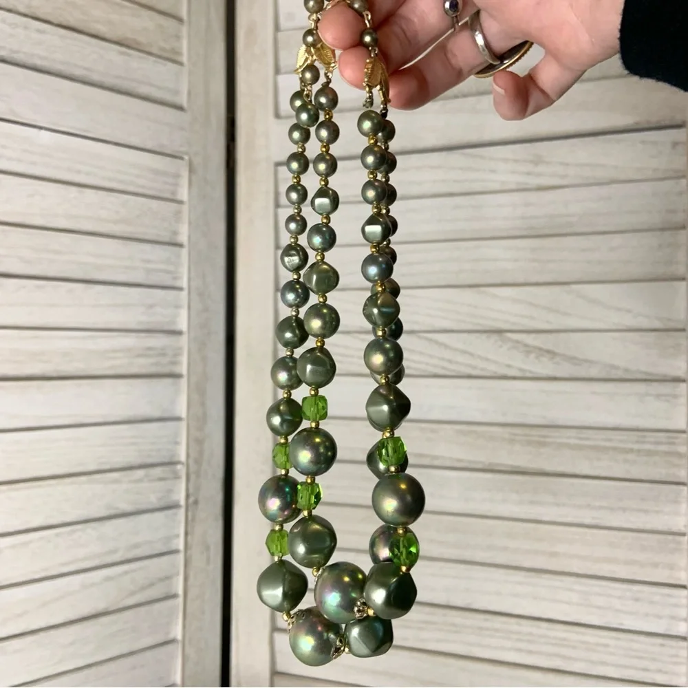 Vintage Japanese Double Strand Chunky Green and Gold Large Beaded Necklace - Picture 1 of 9